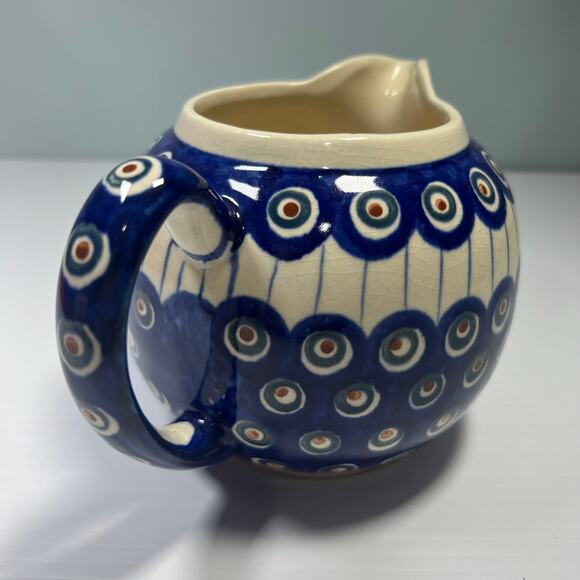 Boleslawiec Polish Pottery Blue Peacock Pitcher 36 Oz Blue Dot Swirl - Picture 4 of 9